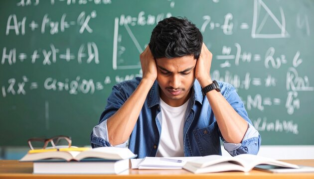 Stressed Asian student in a classroom. Shoot against blackboard with formula from many chemistry math and other study subjects
