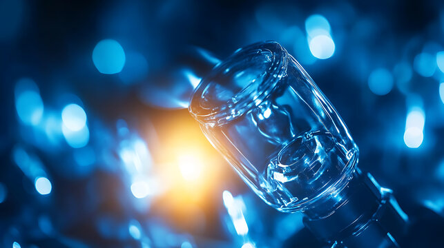 Close-up of a Glass Light Bulb with Blue Bokeh Background