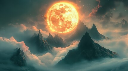 Surreal digital painting of mountains with glowing peaks, giant moon, soft clouds, fantastical otherworldly scene