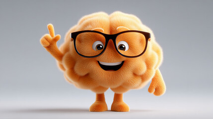 A cartoonish orange brain with a fluffy texture. It has large black glasses and a friendly expression. The character has raised one hand up, either to point or to greet someone.
