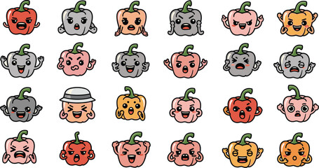 Cartoon bell peppers with diverse facial expressions vector collection