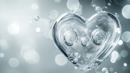 A symbol of purity, Crystal heart with water bubbles, symbolizing love, health, clarity and vitality with an abstract background