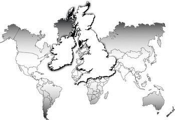 Halftone World Map with United Kingdom Overlay Vector. Black and White Retro Dotted Global Map Illustration Highlighting UK. Creative Concept for Editorials, Politics, Tourism, and Infographic Design