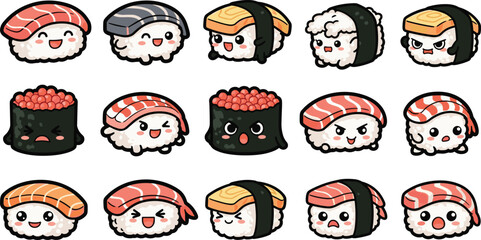 Collection of cute cartoon sushi with various expressions and toppings