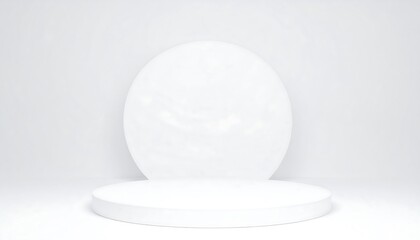 A minimalist white display platform with two circular forms creates a clean, elegant presentation area.