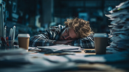Tired businessman resting head on desk surrounded by documents