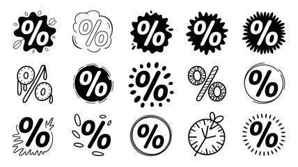 Hand drawn percentage symbol icon set in black and white 