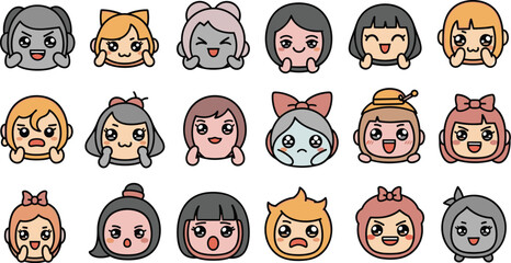 Collection of eighteen kawaii cartoon faces with various hairstyles and expressions