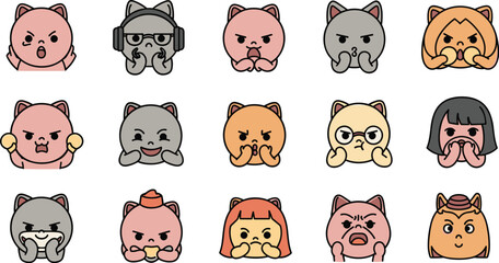 Collection of cartoon animal faces with human-like expressions in a flat design style.