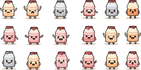 Collection of cartoon milk bottles with various expressions stand in grid