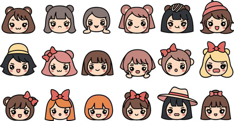 Cartoon faces with diverse expressions and hairstyles in a whimsical illustration