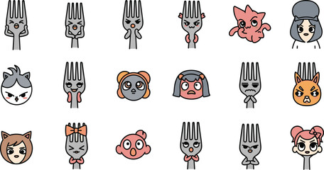 Cartoon character faces and forks with varied expressions in a grid pattern. Emotions include anger, sadness, happiness, and surprise.