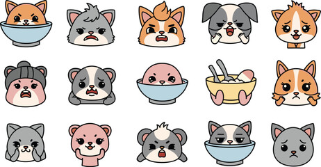 Fototapeta premium Cute cartoon animal head set with varied expressions, including cats, bears, and other creatures, some in bowls.