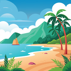 Obraz premium vector Art & Illustration of tropical beach with palm trees and sea