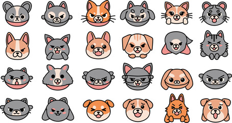Collection of cartoon dog and cat faces showing diverse expressions and styles. Vector illustration