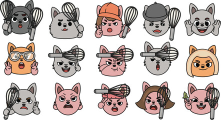 Cartoon dog faces with whisks, diverse expressions in vector set