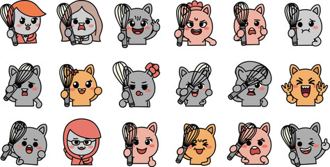 Cartoon characters holding whisks with various expressions, cute kawaii style