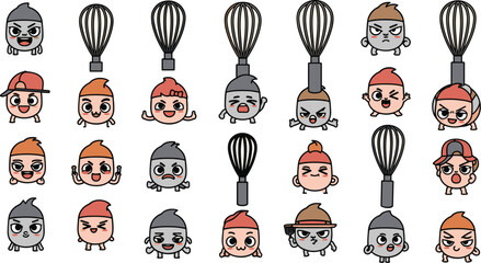 Cartoon avatars with whisk heads showing various emotions and expressions in a playful style