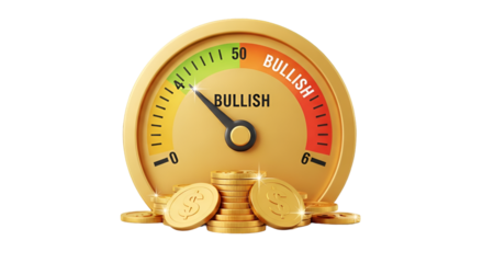 A golden gauge indicating a bullish market trend, surrounded by stacked gold coins, suggesting financial optimism and cryptocurrency investment.