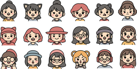 Collection of cartoon girl avatars with diverse expressions and accessories in a cute style