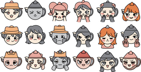 Cartoon tea set head characters with various expressions.