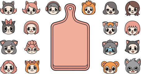 Cartoon faces collection with cutting board backdrop, playful characters.