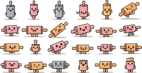 Collection of cartoon rolling pins with various expressions and poses on a light background