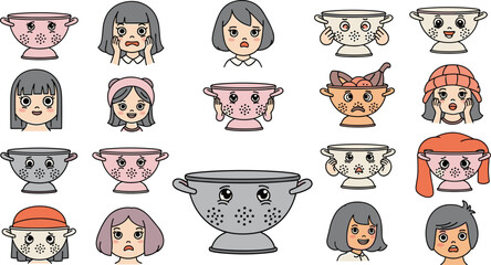 Cartoon faces and colanders with eyes showing various expressions, arranged on a cream background