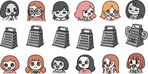 Cartoon women with graters: expressive faces, kitchen tools in rows
