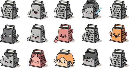 Cartoon grater character collection with various facial expressions and poses in a grid arrangement