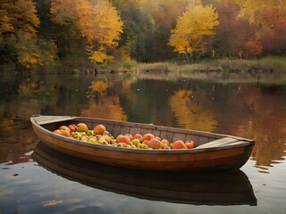 Obraz premium Wooden boat carrying apples and pears floating on calm lake in autumn