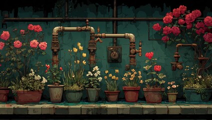 Industrial-style greenhouse scene with vibrant flowers and pipes