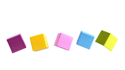 Five colorful, pixelated, cube-shaped candies or objects in a diagonal row.  Each cube has a slightly different hue