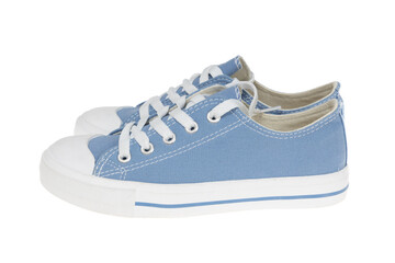 Classic blue canvas sneakers. Pair of retro-style casual trainers isolated on a white background. Youth fashion footwear for e-commerce and product mockups.