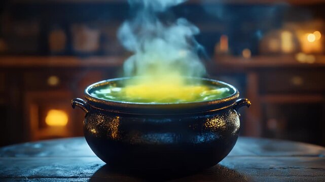 Glowing green potion in a dark antique cauldron illuminated by dramatic warm lighting in a fantasy scene