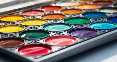 Shifting camera focus on metal-cased watercolor palette on tabletop, revealing colorful paint pans - Powered by Adobe