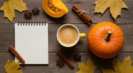 Overhead autumn flat lay featuring a spiral notebook, a yellow mug of coffe latte, whole and sliced pumpkin, cinnamon sticks, and maple leaves on a dark rustic wood table. Cozy planning theme
