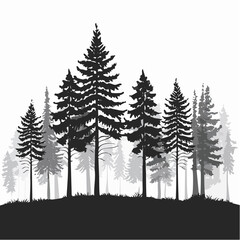 Obraz premium Forest scene silhouette. This image depicts a serene forest with tall trees in a grayscale silhouette, showcasing a tranquil and natural woodland landscape. Vector clipart illustration design.