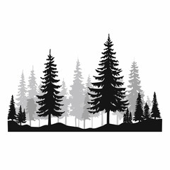 Forest scene silhouette. This image depicts a serene forest with tall trees in a grayscale silhouette, showcasing a tranquil and natural woodland landscape. Vector clipart illustration design. © 3okaad_Vectors