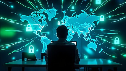 Futuristic cybersecurity concept showing a person in front of glowing world map with digital padlocks. A striking visual for data protection, online privacy, and global technology.