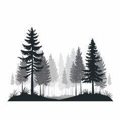 Obraz premium Forest scene silhouette. This image depicts a serene forest with tall trees in a grayscale silhouette, showcasing a tranquil and natural woodland landscape. Vector clipart illustration design.