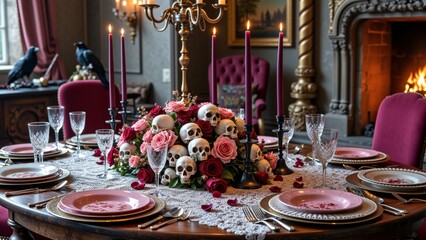 Elegant gothic dining room with candlelit skull and rose centerpiece for a halloween feast