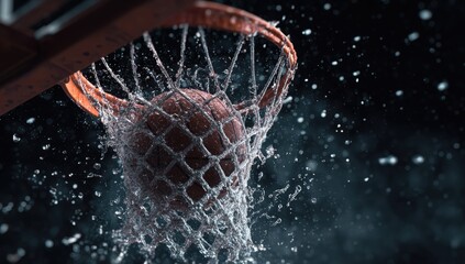 Basketball swishing through hoop, water splash