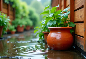 Beautiful terracotta clay pot next to a modern wooden shed. Raindrops create ripples on the water. Lush green plants in the background. Gloomy, humid atmosphere, natural lighting in cloudy weather