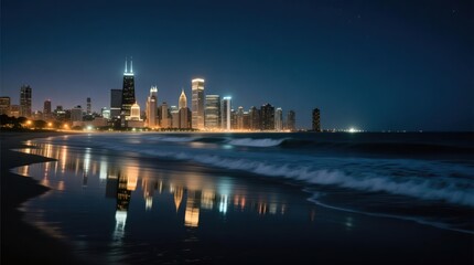 Naklejka premium Night city skyline reflected on beach