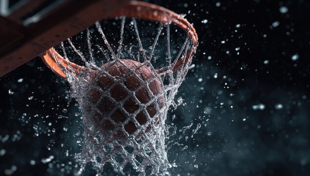 Basketball swishing through hoop, water splash - Powered by Adobe