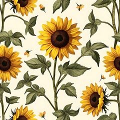 Vintage seamless pattern of golden yellow sunflowers with green leaves and bees. A cheerful botanical artwork full of warmth, summer vibes, and natural charm.