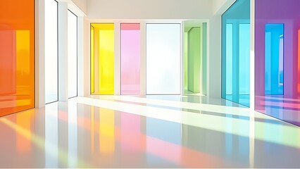 Bright hallway with colorful glass partitions casting glowing reflections on polished floors. A cheerful and futuristic design creating a harmonious rainbow environment.