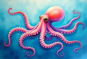 A colorful illustration depicting a pink octopus with tentacles on a gradient blue background.