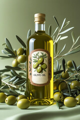 Olive Oil Bottle with Olives and Branches